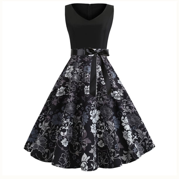 ICHUANYI Clearance Women's Fashion Vintage Print V-Neck Sleeveless Sexy Dress(Dark Gray, M) ICHUANYI WER2023081115173