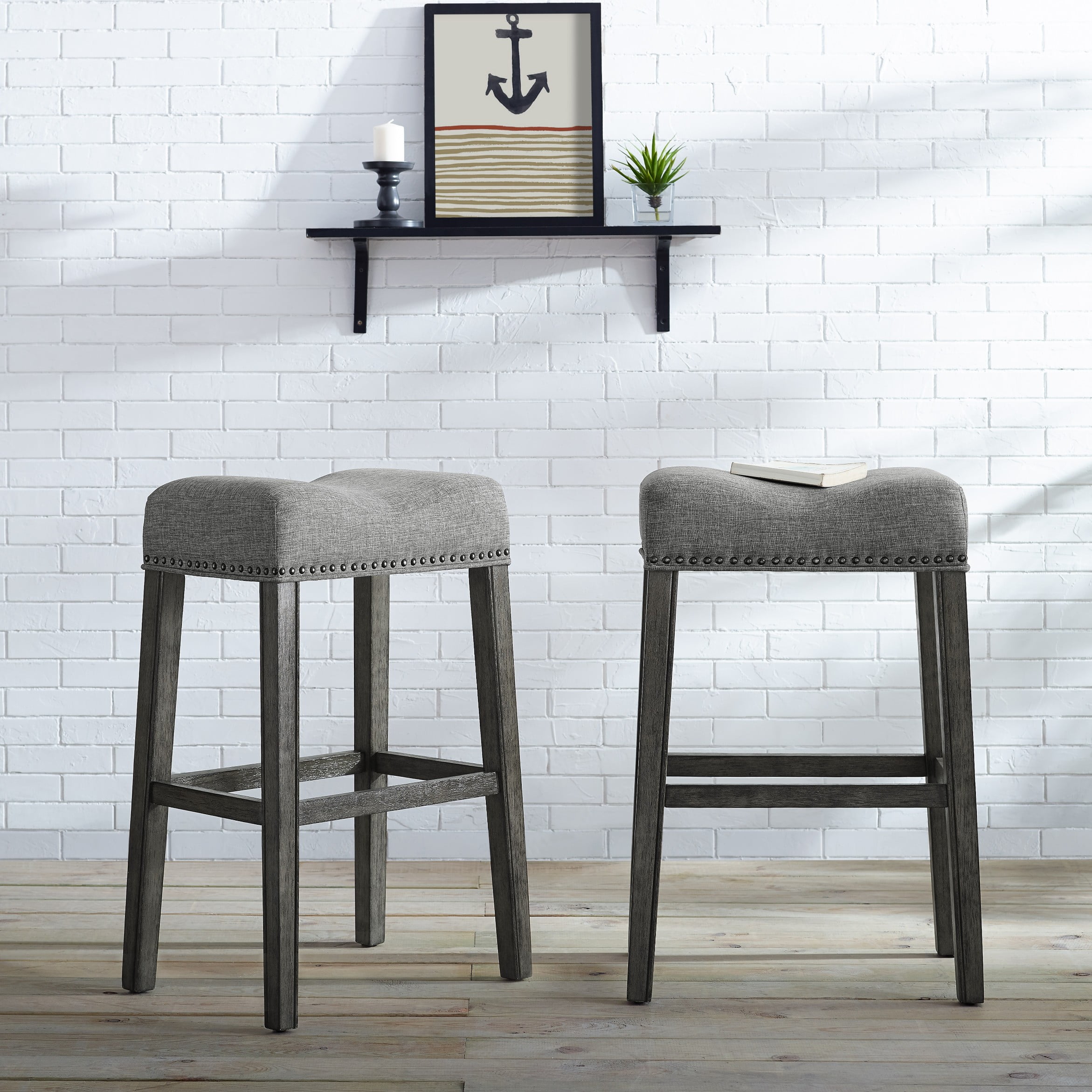 Photo 1 of Roundhill CoCo Upholstered Backless Saddle Seat Bar Stools 29 height Set of 2, Gray