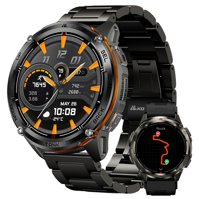 KOSPET Tank T3 Ultra 2 Smartwatch (GPS), Reloj Inteligente con Pantalla AMOLED 1.43", Brújula/Altímetro/Presión, Unibody Acero Inoxidable, Llamadas Bluetooth, IP69K Impermeable (Dos Correas