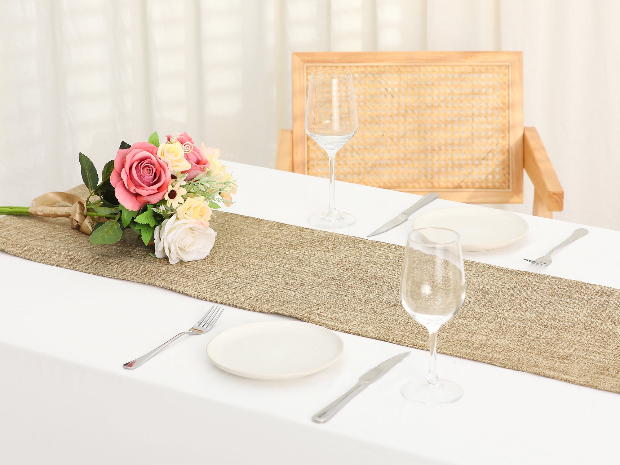 Unique Bargains 1 Pack Solid Color Table Runner Long Linen Table Banner Khaki 12"x83"