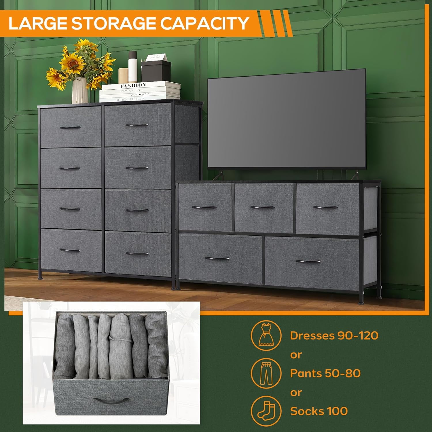 8 Drawer Dresser, Tall Chest Of Drawers Nightstand Storage Tower Storage Dresser Fabric Dresser With Wood Top for Living Room, Bedroom, Hallway, , Grey