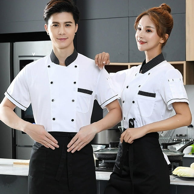 Unisex Chef Coat Jacket Catering Kitchen Sleeved Baking Work Clothes Short Sleeve Chef Wear M White