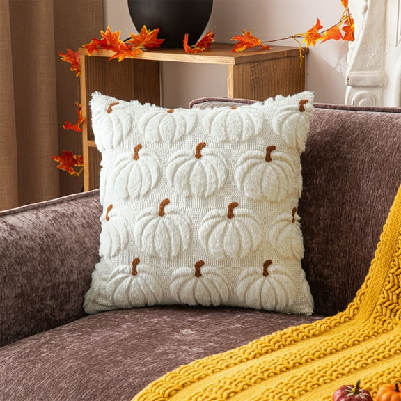 Fall Decorative Throw Pillow Covers 12x20 Inch, Thanksgiving Autumn Harvest Pumpkin Faux Fur Cushion Covers, 3D Embroidered Pillow Cases for Couch Bedroom Living Room Decor (White)