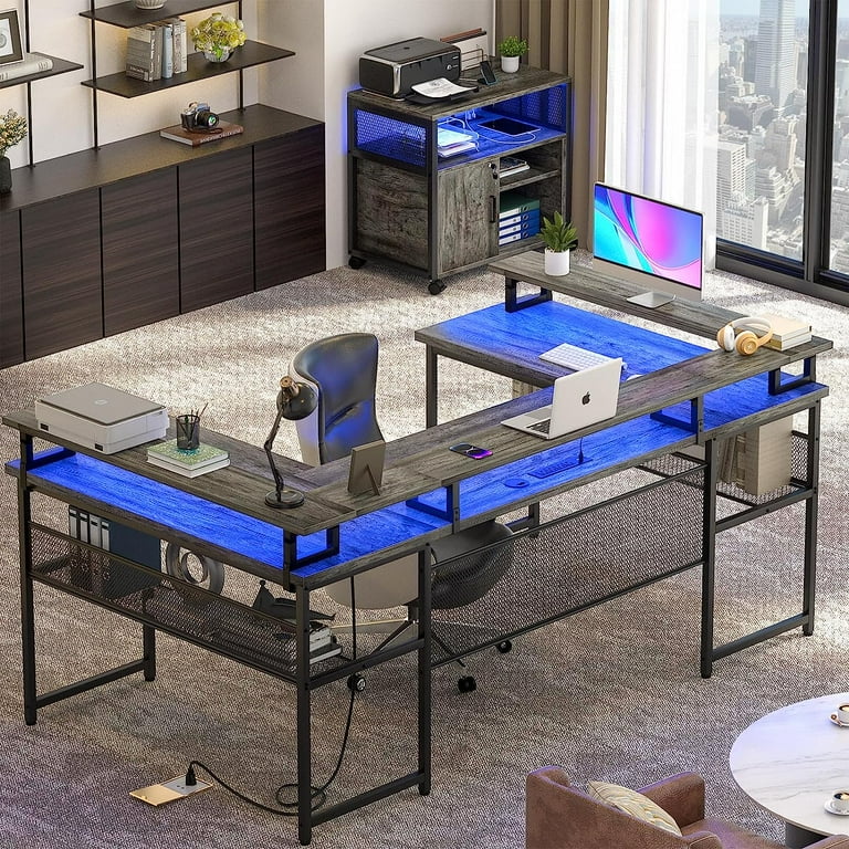 Unikito L Shaped Desk with LED Light and Power Outlet, Reversible Corner Computer  Table with Monitor Stand and Storage Shelf, Modern L- Shaped Gaming Desk,  Ergonomic Home Office Desk, Rustic Brown 