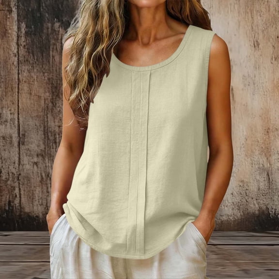 ClodeEU Women's Summer Linen Cotton Crew Neck Sleeveless Tank Top ,Solid Color Pleated Casual Blouse Beige,Women's Plus L
