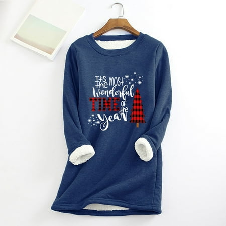 

NWQKYZGH Christmas Tops for Women Women O-Neck Loungewear Nightgowns Long Sleeve Christmas Print Fall Fleece Tops Blue 6(M)