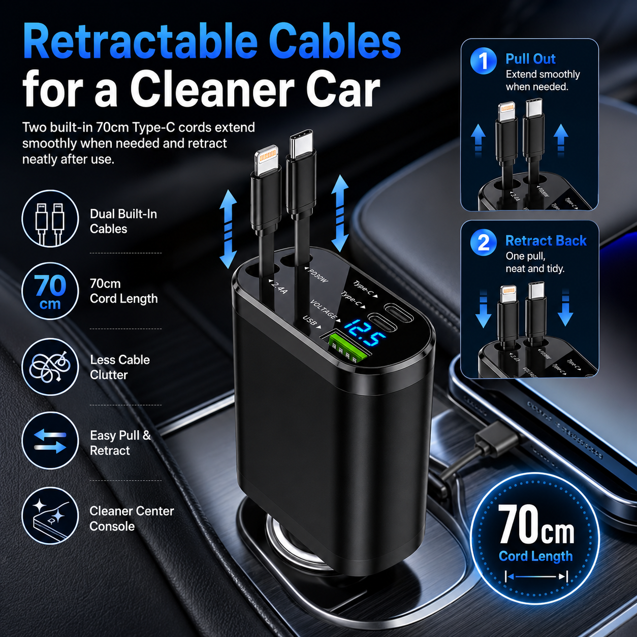 NIUTA 123W Dual USB-C Retractable Car Charger photo 7