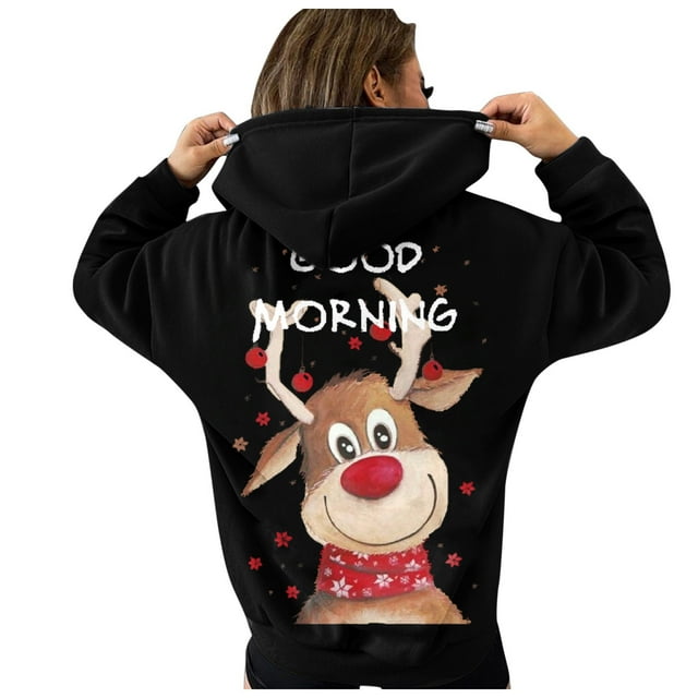 Chandail en Molleton de Noël pour Femmes à Capuche Cardigan Chaud Mignon Imprimé Pull Contrasté Blouse Col Rond Veste de Mode Mi-Longue