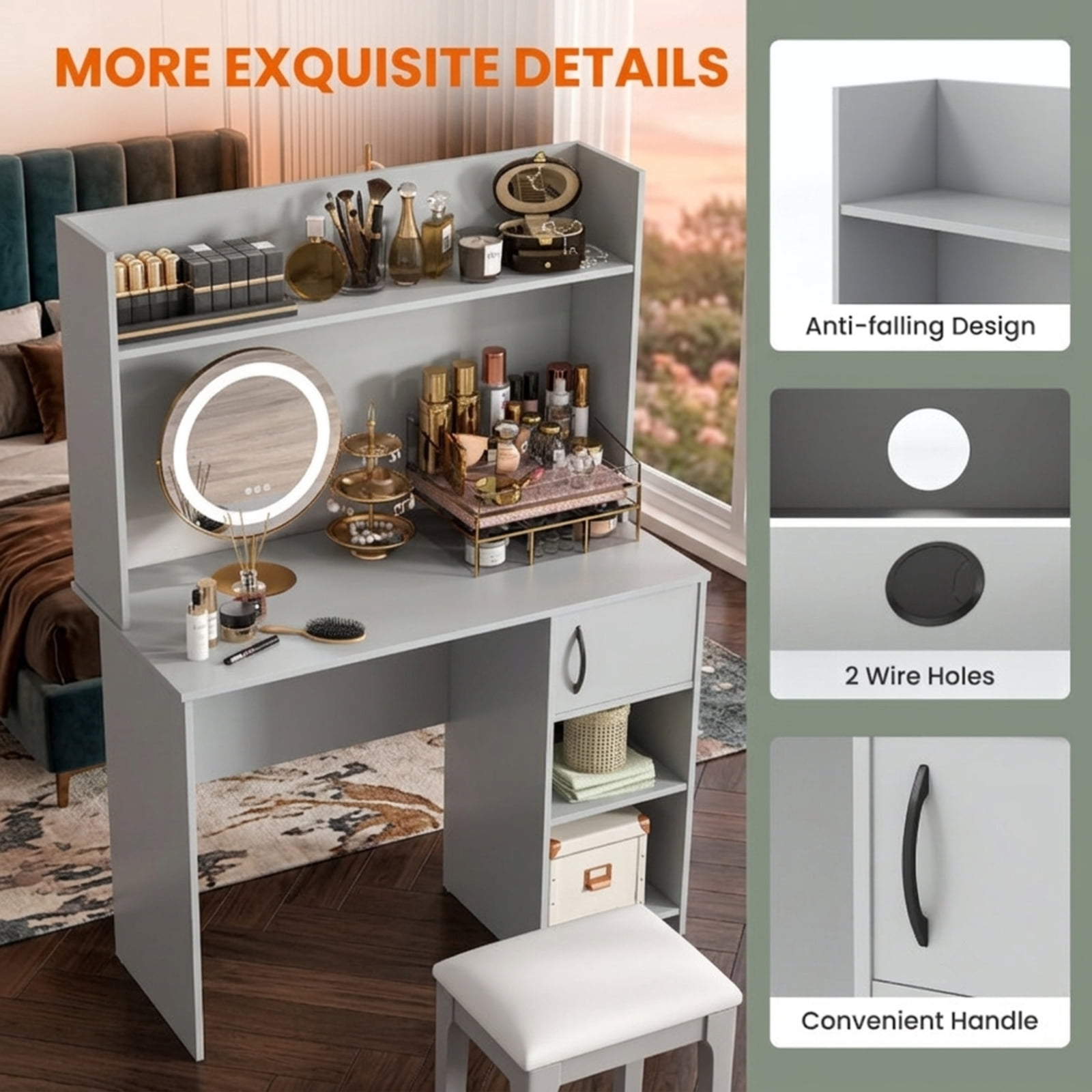 Furnibear Home Office Desk with Raised Display Shelf, Computer Desk with 2 Open Shelves and Cable Holes for Study and Bedroom, Gray