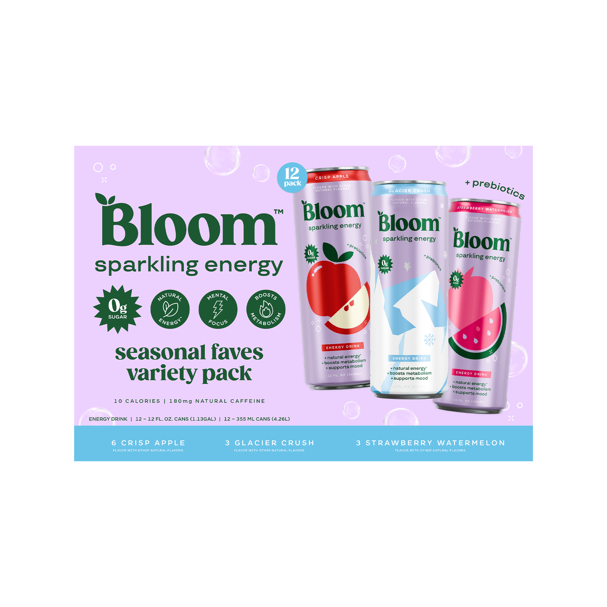 Bloom Sparkling Energy Drinks Seasonal Favorites Variety Pack, 12 fl oz, 12 pack