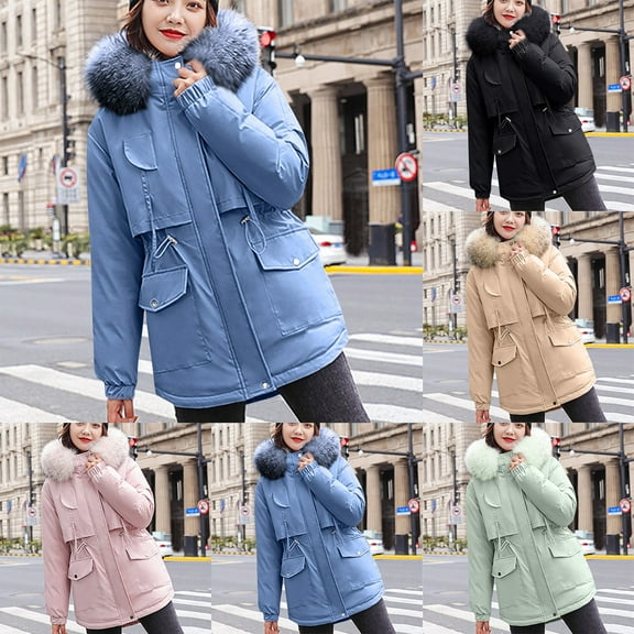 Lovskoo 2024 Women's Winter Coats Fleece Parkas Anoraks Hooded Thick Warm Long Sleeve Plush Cotton Jacket with Large Collar and Waistband Cotton Jacket Black