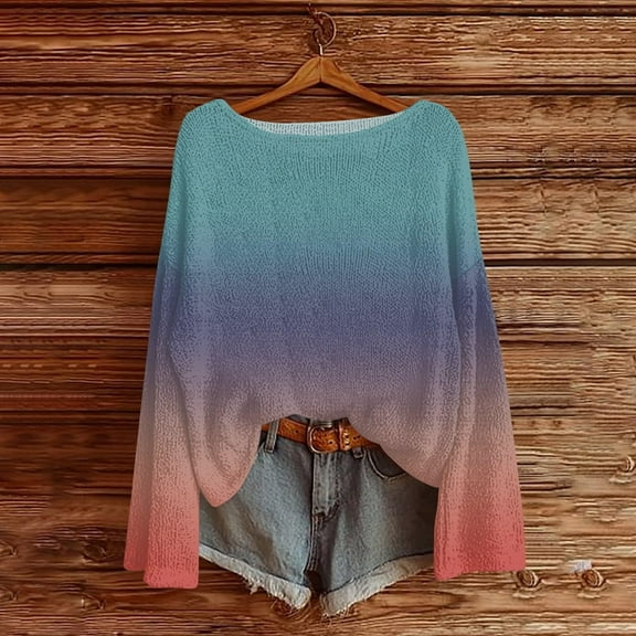 Heisall Womens Sweaters 2025 Autumn Winter Knitted Long Sleeve Round Neck Pullover Loose Casual Ombre Fashion Tops