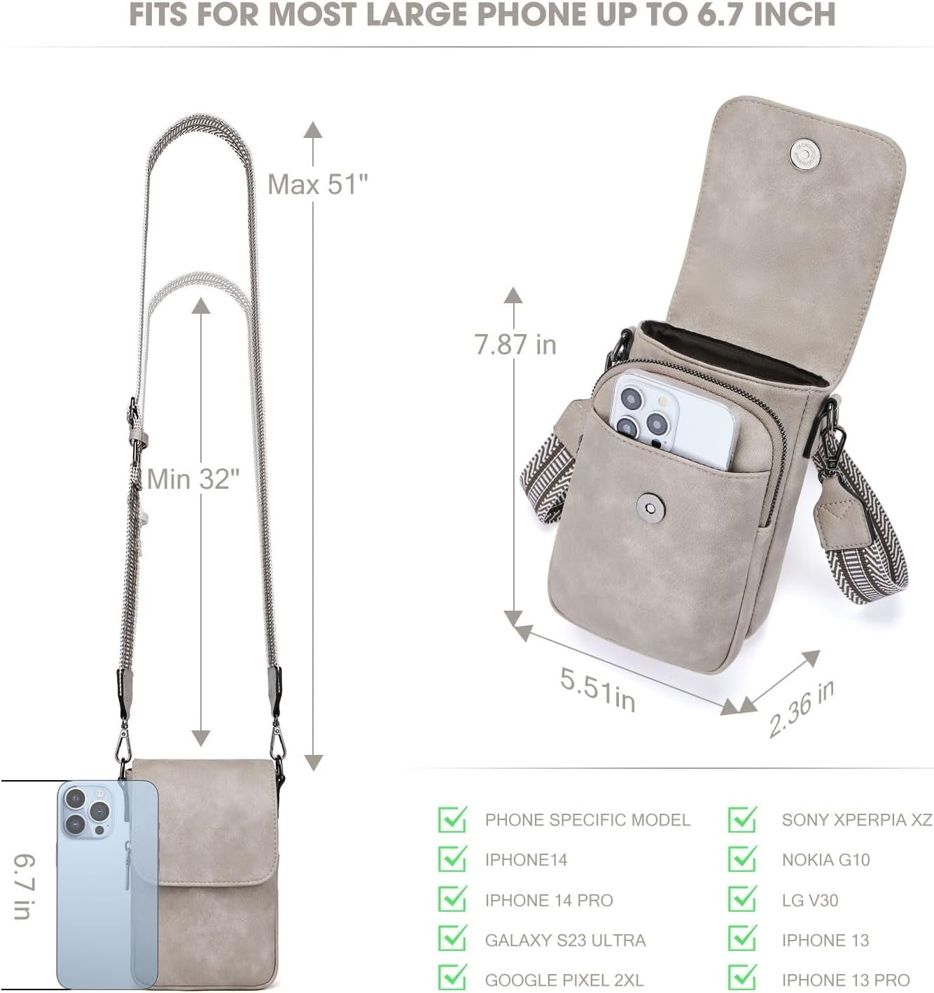 Kwuty Small Crossbody Bags for Women Trendy,Leather Triple Compartment Cell Phone Crossbody Wallet Purses with Card Slots（Cream Gray）