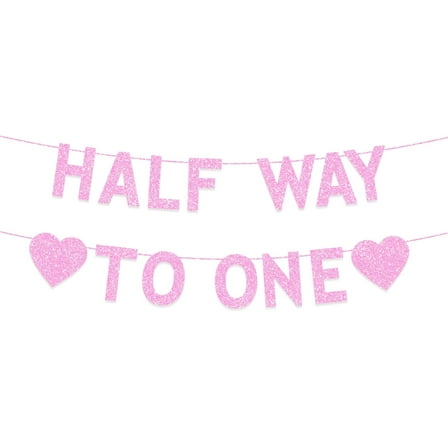 1/2 Birthday Party Decorations for Girls, Pink Glitter Half Way to One Banner, 6 Months of Love, Half Birthday Party Decorations Supplies
