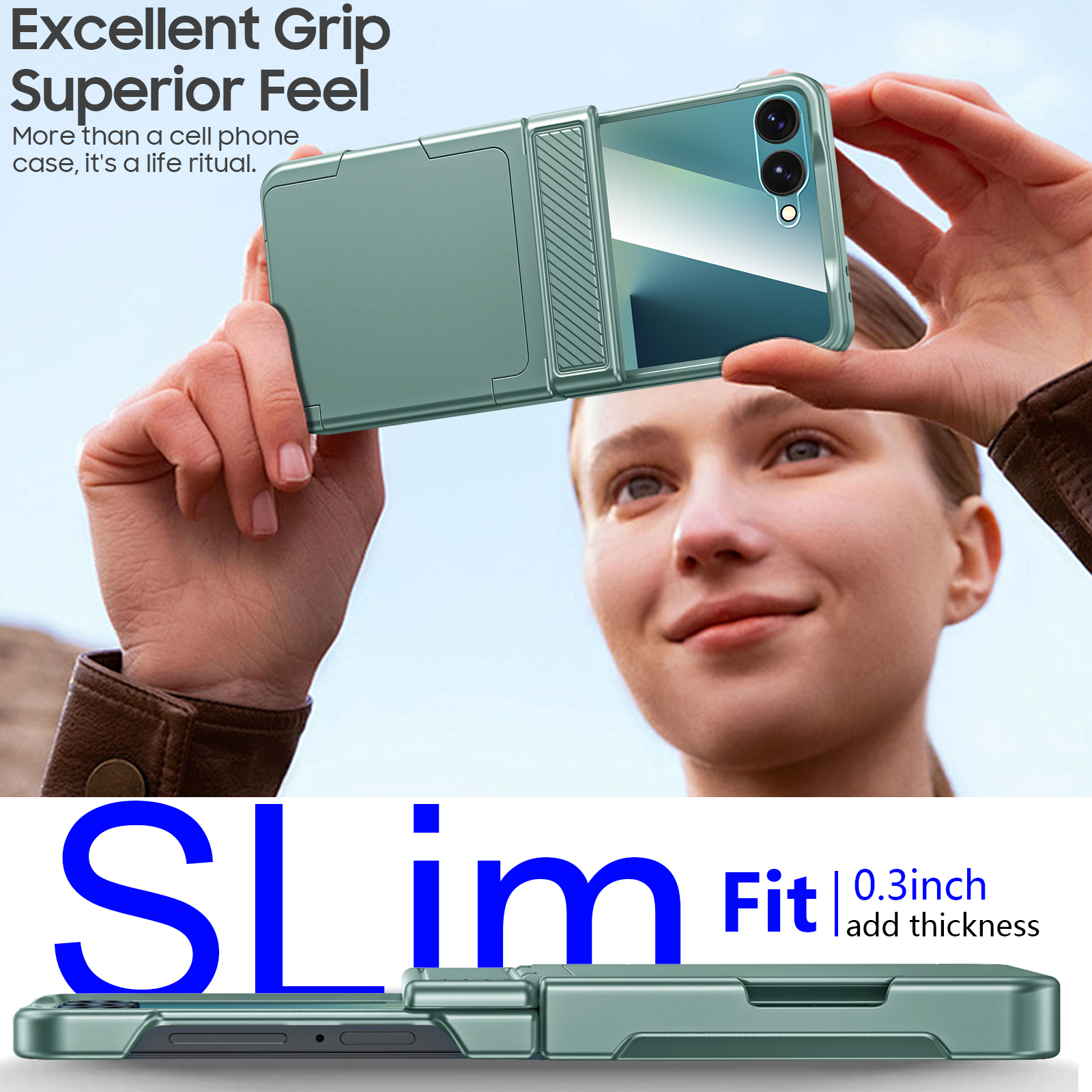 Vizvera for Samsung Galaxy Z Flip 7 Phone Case with Card Holder RFID Blocking,Built in Hinge Protection, Screen Protector-Light Green