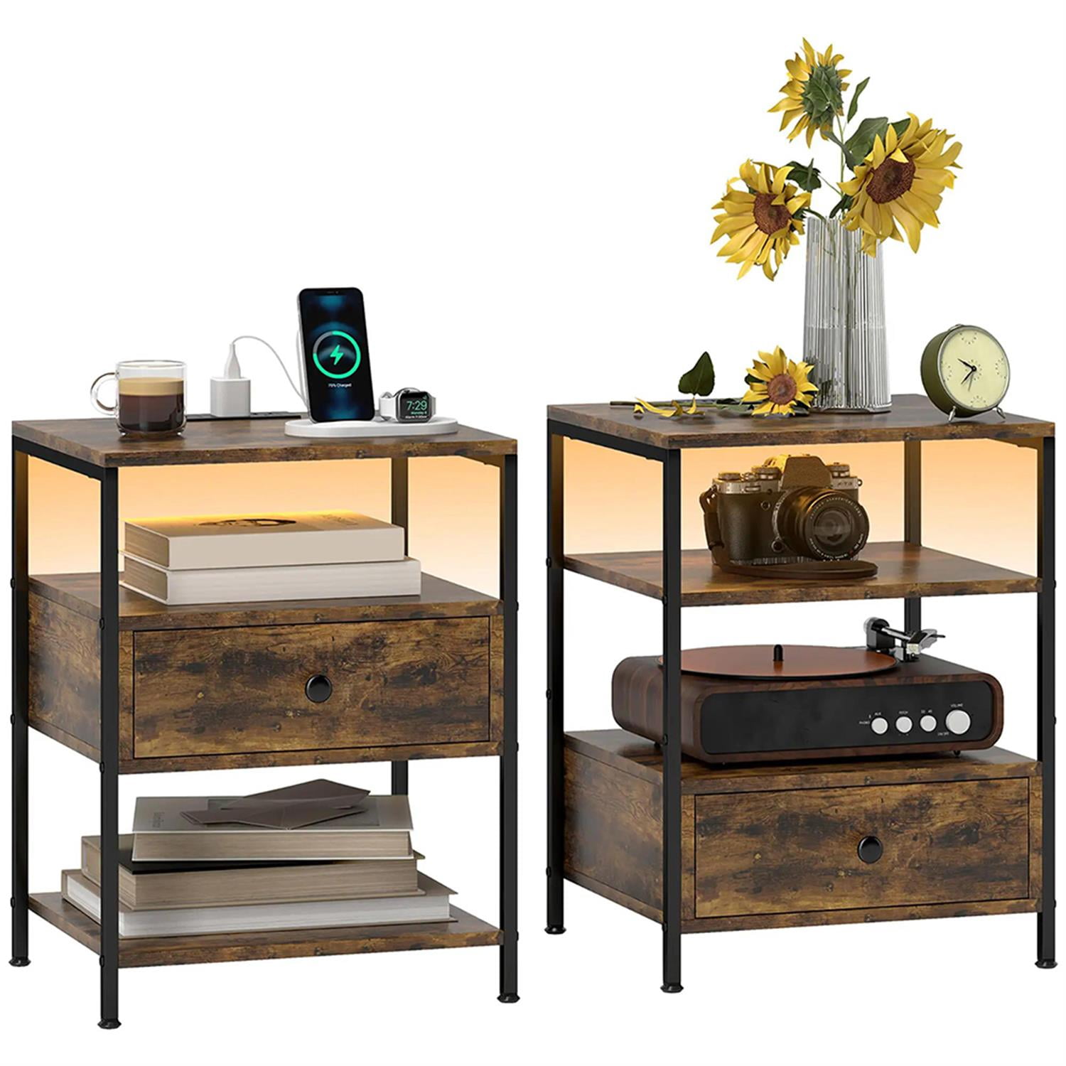 Demi Bonn Nightstand with Charging Station Set of 2, Side Table with Drawers and LED Lights, End Table with Open Shelf for Bedroom, Living Room, Brown