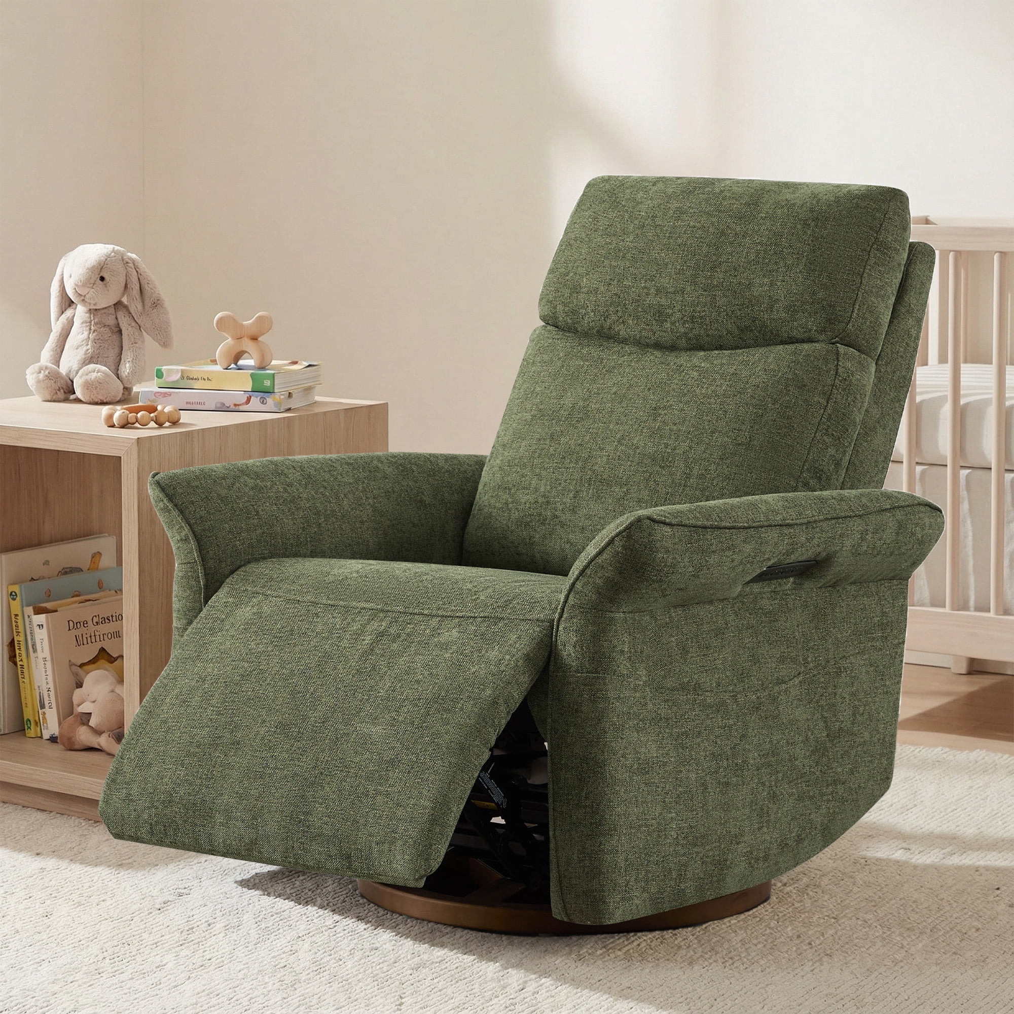Spruce & Spring Triple Motor Power Swivel Recliner for Mothers, Moss Green-Linen-like Fabric