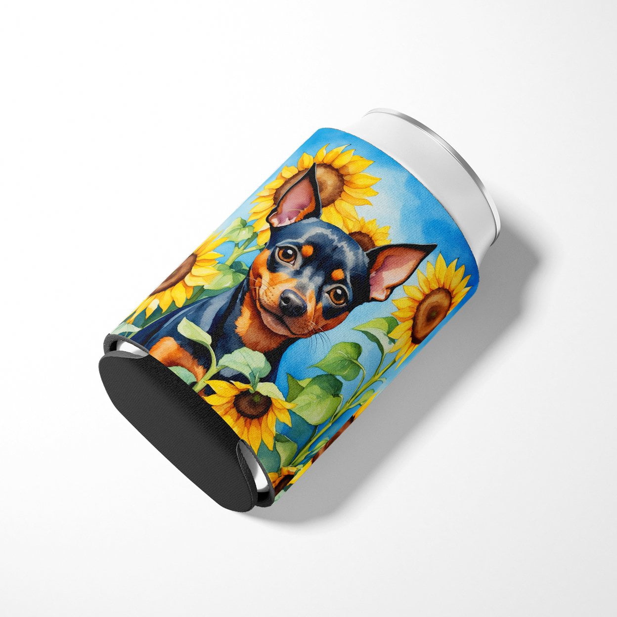 Miniature Pinscher in Sunflowers Can or Bottle Hugger 3 in x 5 in