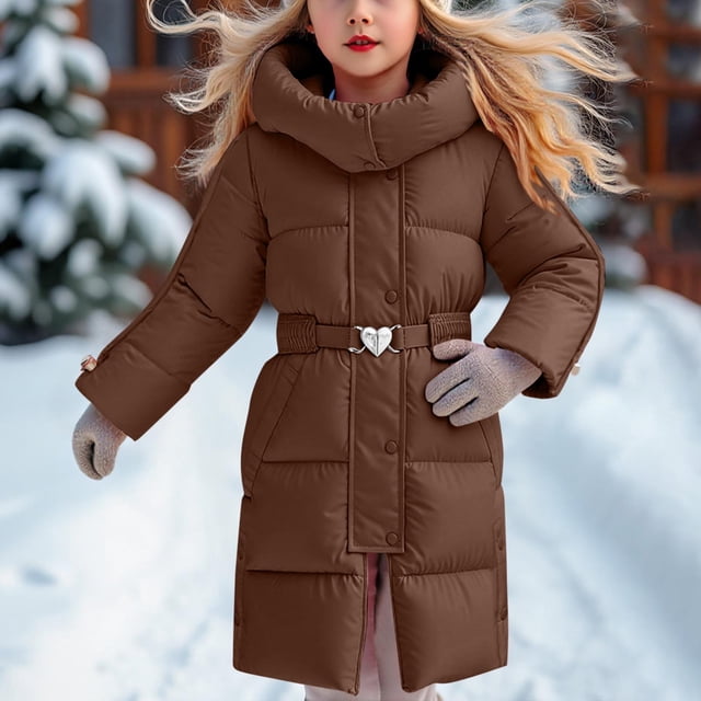 Parkas de manga larga para niños, de invierno, de color liso, informales, deportivas, cálidas y gruesas, con capucha, de longitud media, con relleno de Gossypium Spp, para niñas, parte superior de pol