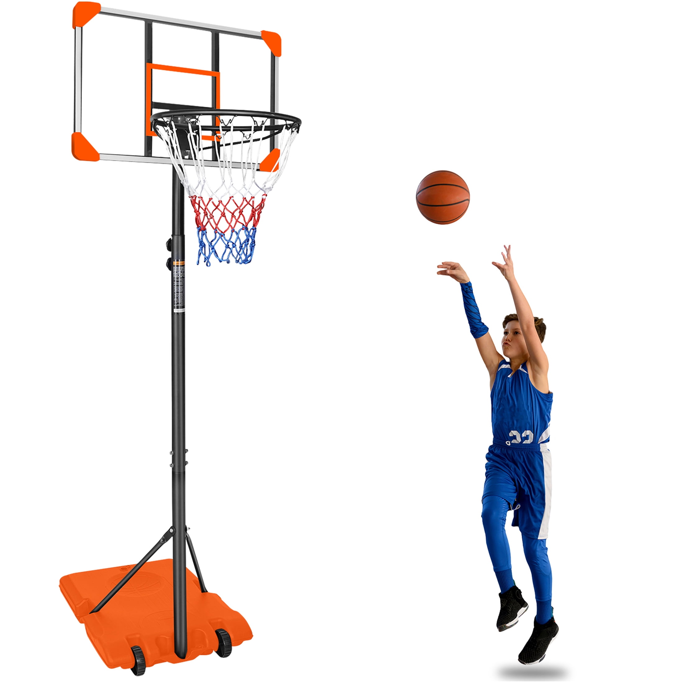 JERFIT Portable Basketball Hoop with Wheels, 5.6-7ft Height Adjustable Goal System for Youth Kids, 28" Backboard, Indoor Outdoor Use with Sand/Water Base