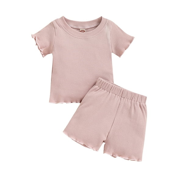 Gureui Kids Baby Girls Outfits, Casual Round Neck Short Sleeve Ribbed Solid Color T-Shirt + Shorts 2Pcs Clothes Set
