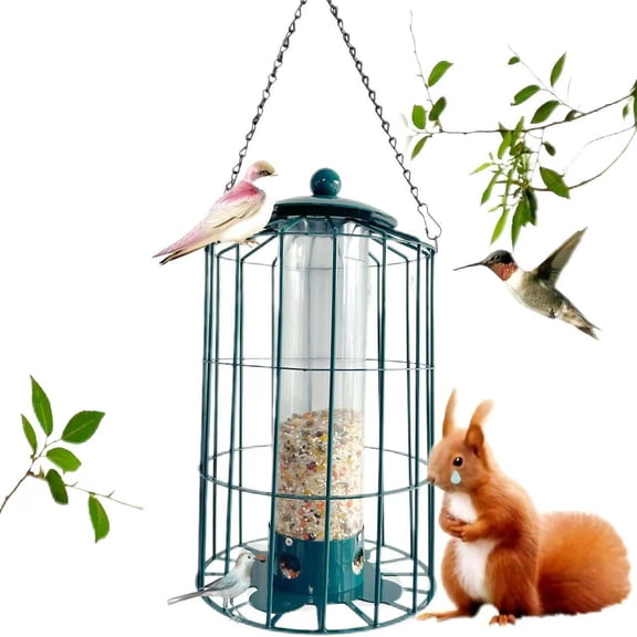 Bxaolu Squirrel Proof Bird Feeders for Outdoors Hanging (Metal Green) Bird Feeder with 4 Ports, Chew-Proof & Weather Resistant, Backyard Decor Gift (12.6 x 7.1 x 7.1 inches)