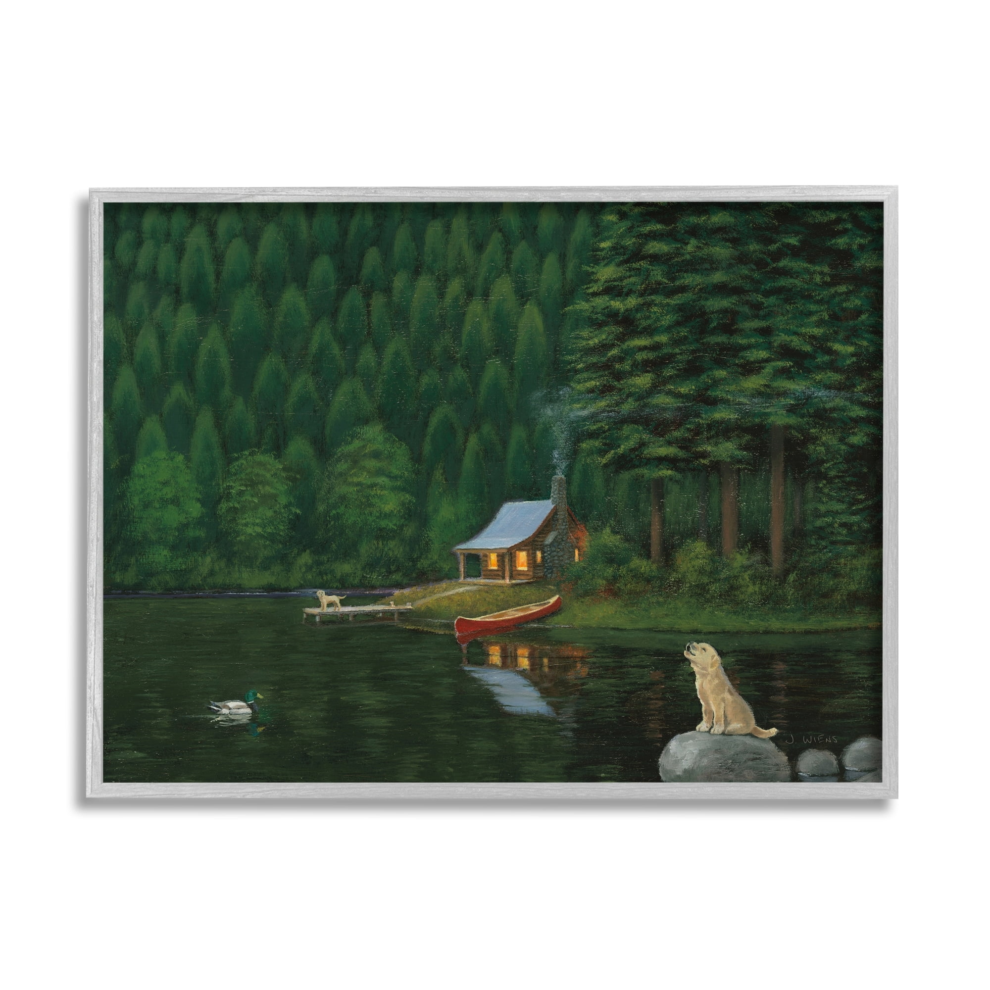 Stupell Industries Log Cabin Lakehouse Scene Pet Dogs Tree Forest, 20 x 16, Design by James Wiens
