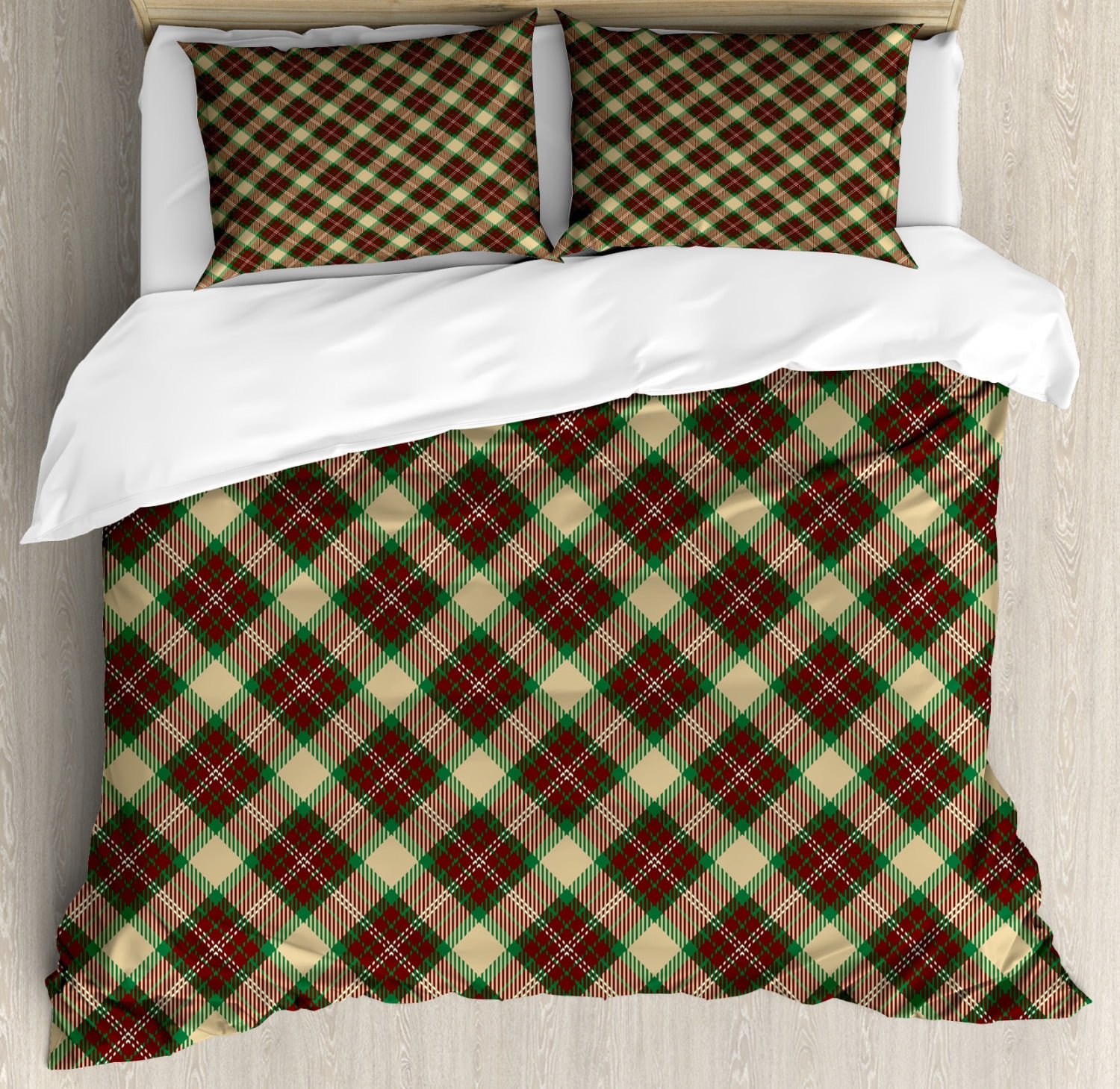 Plaid Duvet Cover Set King Size, Tartan Pattern with Diagonal Squares