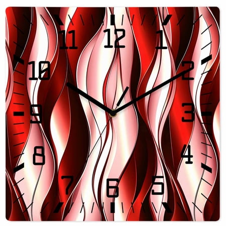 Red Striped Ombre Wooden Wall Clock Silent Non Ticking, Modern Red Moire Geometric Square Wall Clocks Battery Operated, Decor Clock for Home Office, Living Room, Kitchen, 10 Inch
