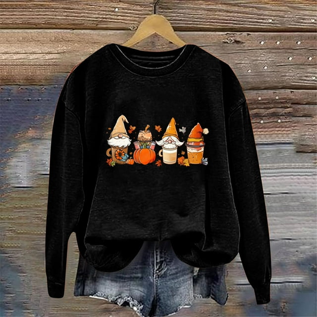 Rbaofujie Chandails Légers pour Femmes Chandails à Col Rond Imprimés à Manches Longues Sans Capuche pour Femmes Haut Chandails à Capuche Graphiques Noirs pour Femmes