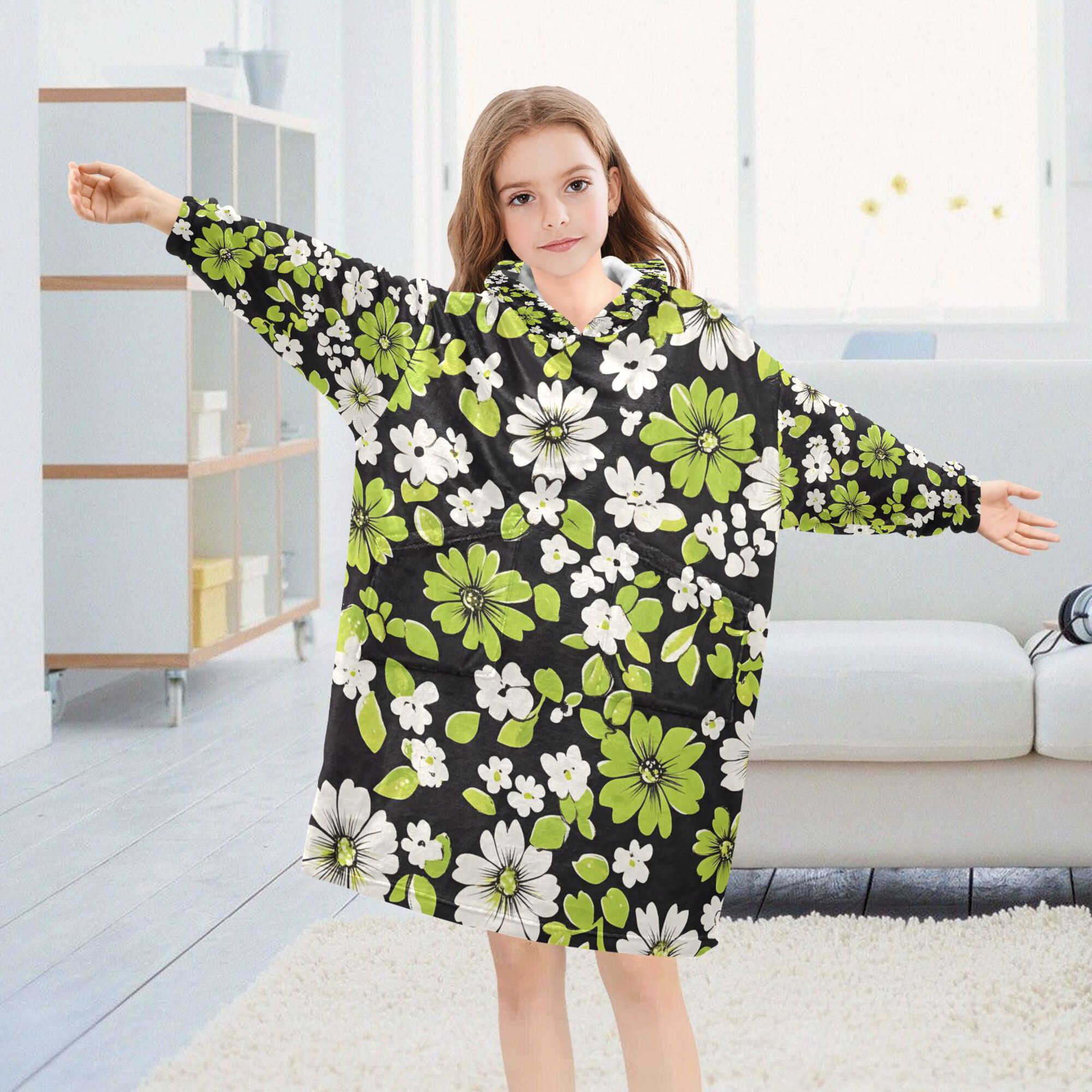 FORMRS Wearable Blanket Hoodie with Sleeves for Kids Cozy Flannel Sweatshirt, Green Flower Pattern