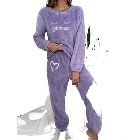 

Women s Pajama Sets Purple Casual Letter Round Neck Pant Sets Long Sleeve