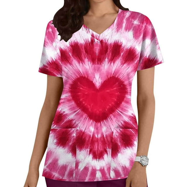 TaTaai Valentine's Day Print Top, Women's V Neck Short Sleeve Casual Blouse, Pocket Detail Lightweight Shirt for Holiday Season Gift