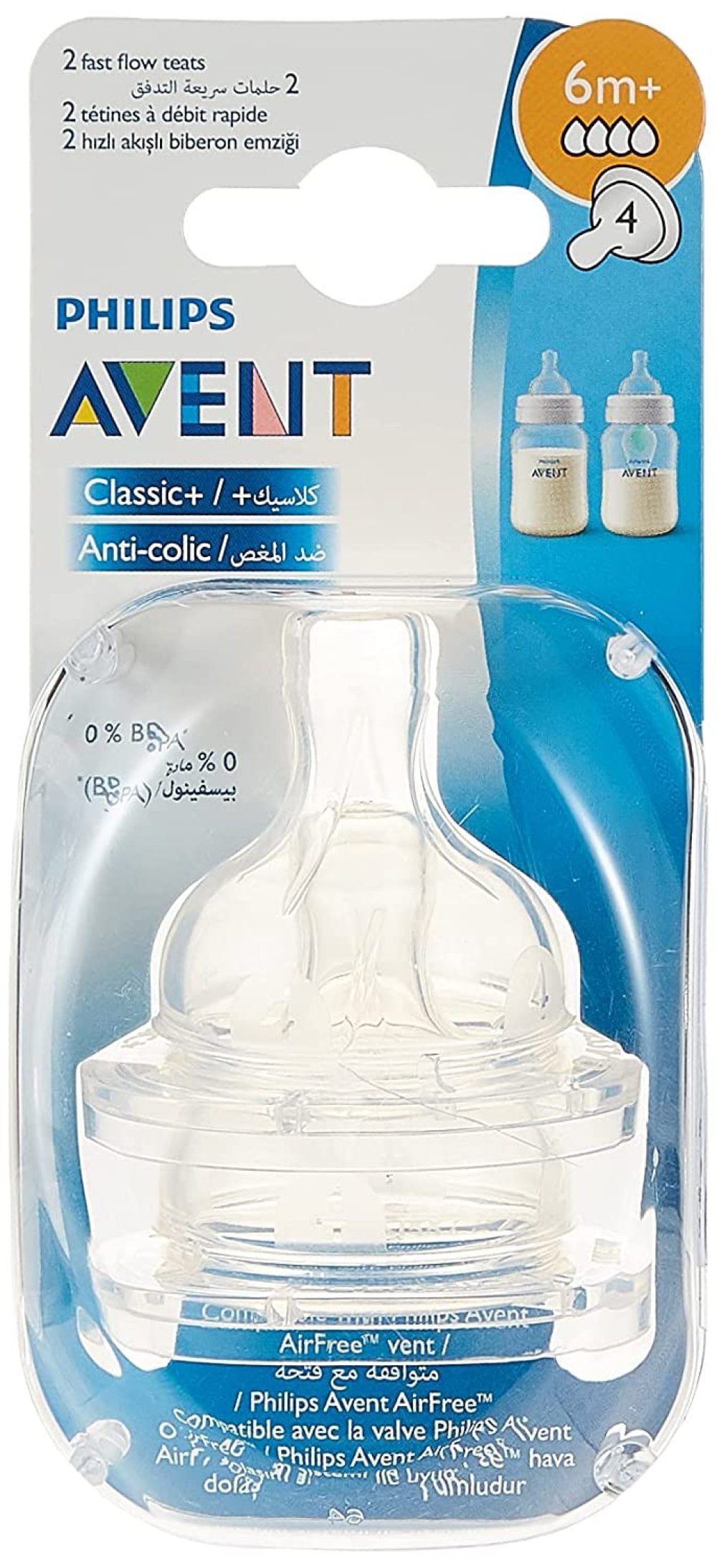 2 Count Philips Avent BPA Free Classic Fast Flow Nipple 