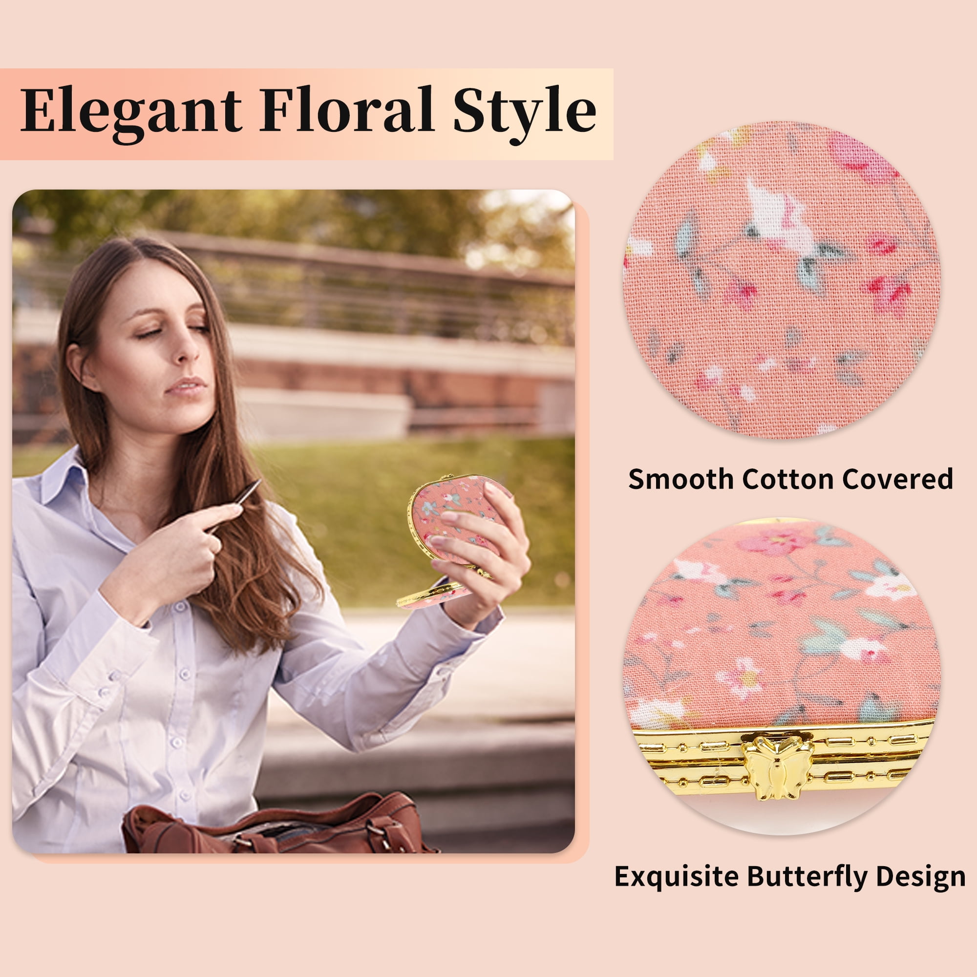 Unique Bargains Floral Oval Mini Mirror for Purses Pink 1 Pc