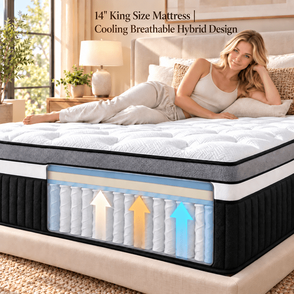 14 inch King Mattress in a Box, Gel Memory Foam Hybrid King Size Mattress with Pocket Coils, Medium Firm Comfort, Pressure Relief