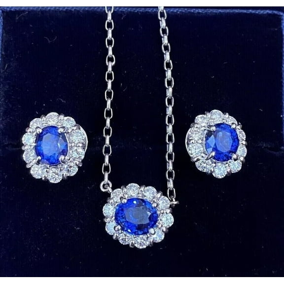 Valentine's Day Gift For Women's Mix Jewelry Set 14K White Gold Plated Lab Created Blue Sapphire 3Ct Oval Cut