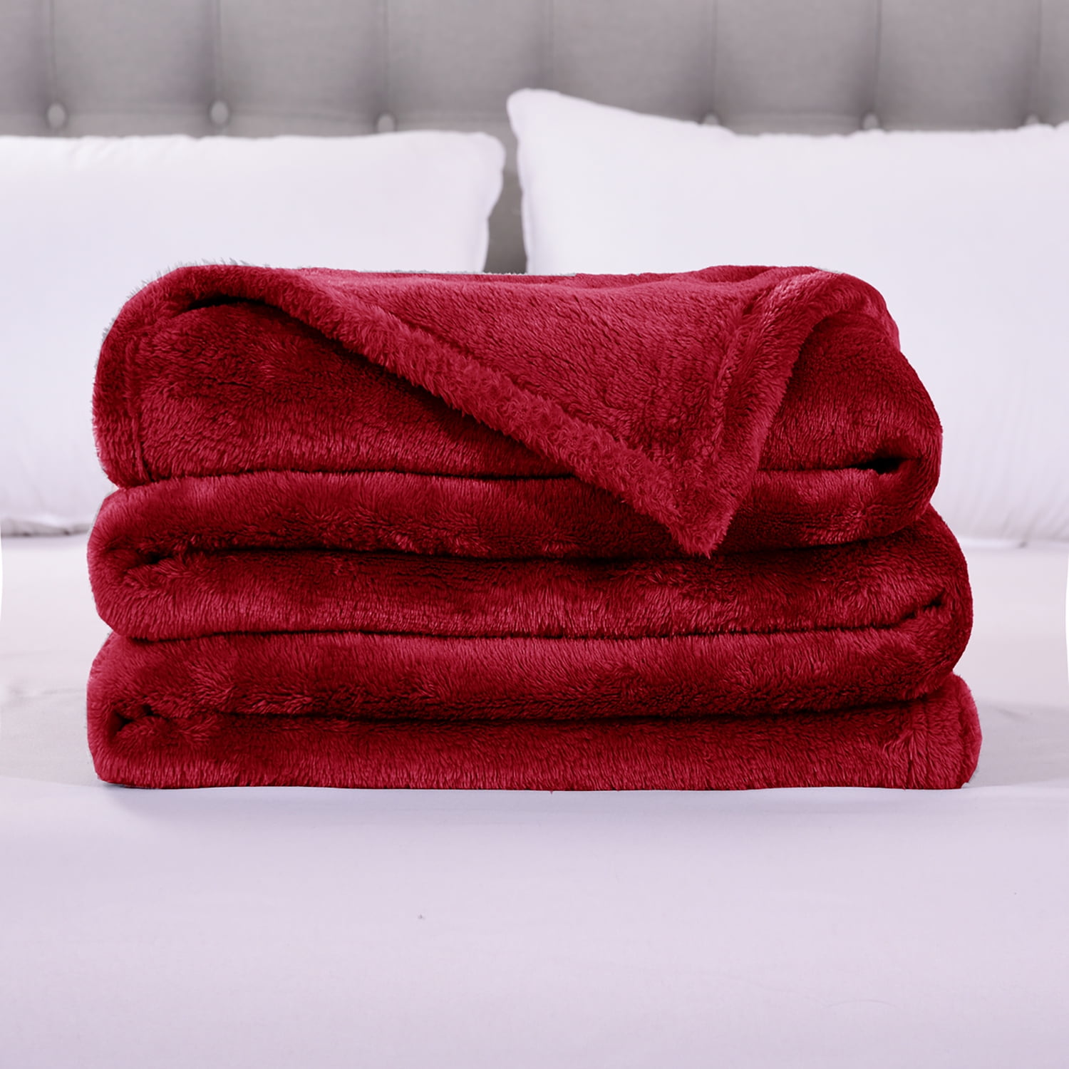 JML Fleece Bed Blankets Queen Burgundy - Soft Lightweight Plush Cozy Blanket Microfiber, 77"X81"