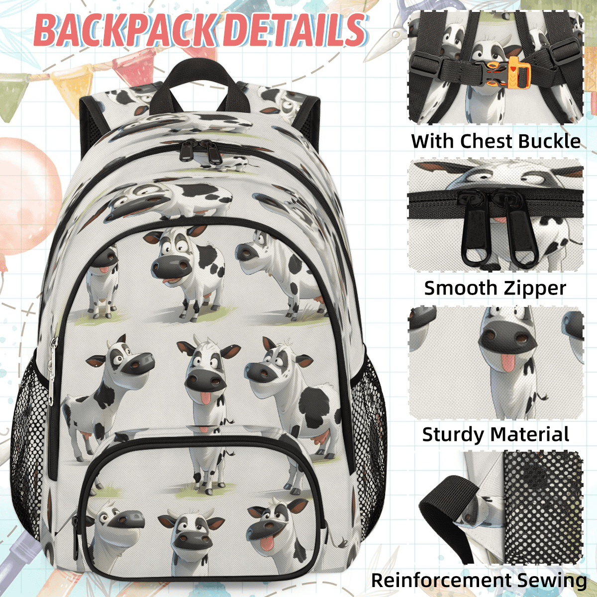 Herdesigns Cow Farm Animal Large Backpack Set with Lunch Box Lightweight Water Resistant Travel Laptop Backpacks Casual Daypacks for Women Men