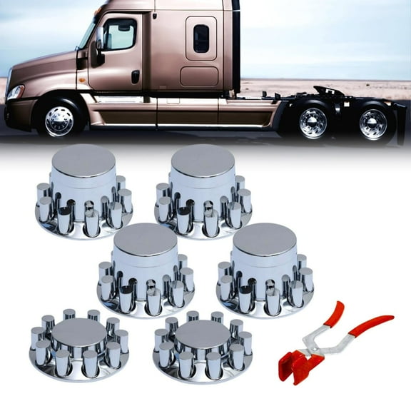 TORQUE Chrome Front & Rear Axle Complete Wheel Cover Set 33mm Cylinder Screw-on Lug Nut Covers for Semi Trucks (Installation Tool Included) Standart Hub Caps Kit (2 Front & 4 Rear) (TR615)