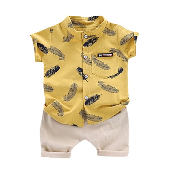 LWNYDPLSD Toddler Boy 2 Piece Summer Outfits Baby Boys One Year Old Birthday Set 1T 2T 3T 4T Kids Cartoon Print Button Down Short Sleeve Shirts & Shorts Beach Holiday Vacaction Suit