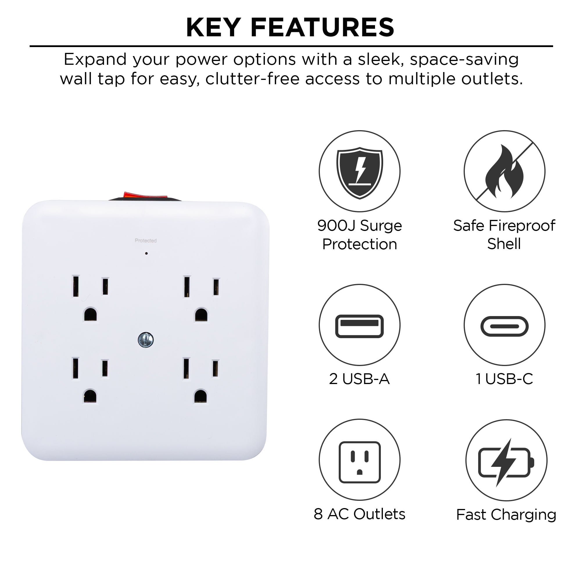 Merkury Innovations 8-Outlet Surge Protector USB Wall Tap, 2 USB-A & 1 USB-C, 900J Protection