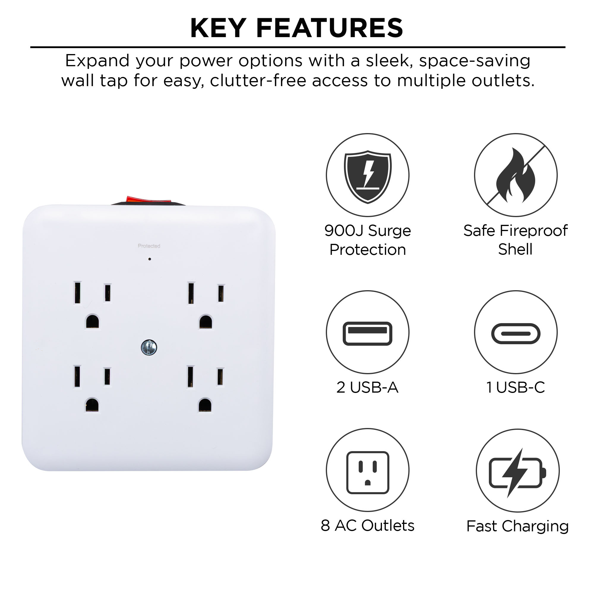Merkury Innovations 8-Outlet Surge Protector USB Wall Tap photo 3