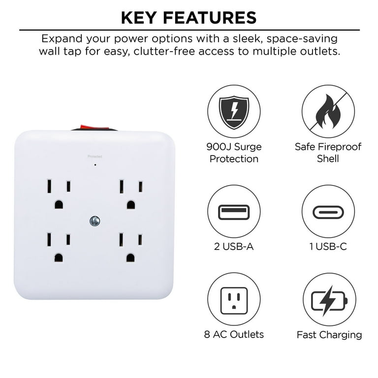 Merkury Innovations 8-Outlet Surge Protector USB Wall Tap, 2 USB-A