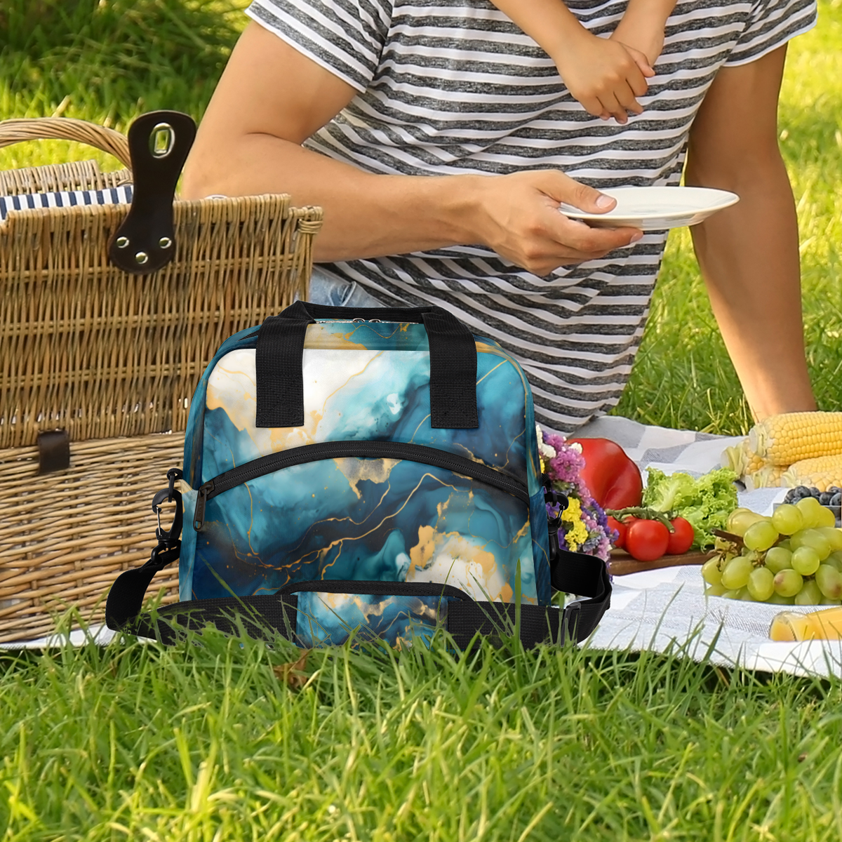 Herdesigns Dark Blue Marble Insulated Lunch Bag for Women Men Adults Large Reusable Lunch Box Leakproof Portable Cooler Tote Bags with Adjustable Shoulder Strap