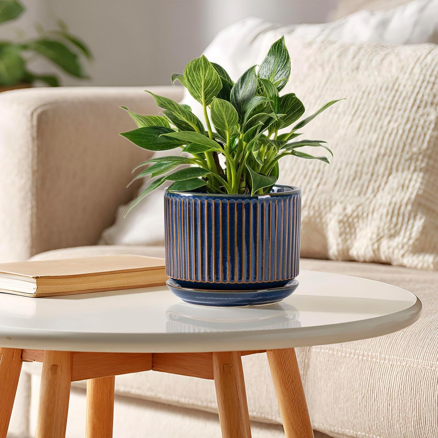 Speckle Gray Ceramic Plant Pot Set of 3 with Saucers, 4.3-6.7 Inch Indoor Flower Pots with Drainage Holes and Pads, Decorative Striped Planter Set for House Plants and Gardening
