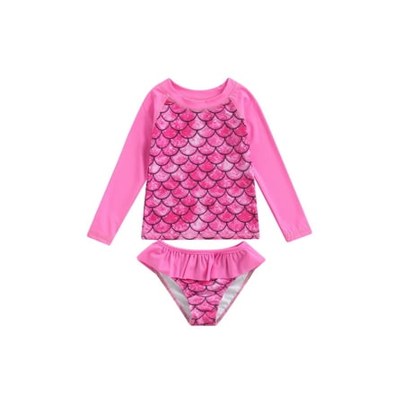 

Caitzr Baby Girls Bikini Set Mermaid Print Long Sleeve Tops and Ruffles Shorts Swimsuit