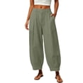thumbnail image 2 of Linen Barrel Pants Women Cotton Palazzo High Waisted Balloon Pants Summer Casual Beach Boho Wide Leg Baggy Trousers Green L, 2 of 8