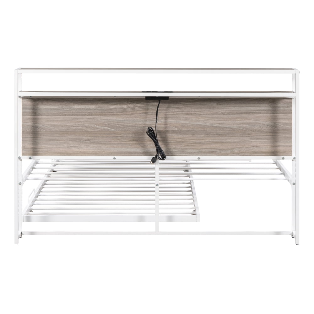 Leumius Queen Size Metal Platform Bed with Trundle and Outlet & USB Ports,Metal Bed Frame with Wooden Storage Headboard & Storage Shelf,White