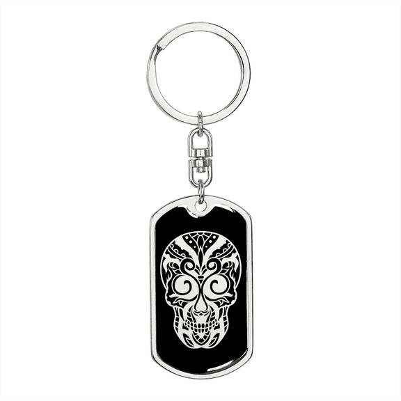 Calavera Mexican Sugar Skull 30 Stainless Steel or 18k Gold Premium Swivel Dog Tag Keychain